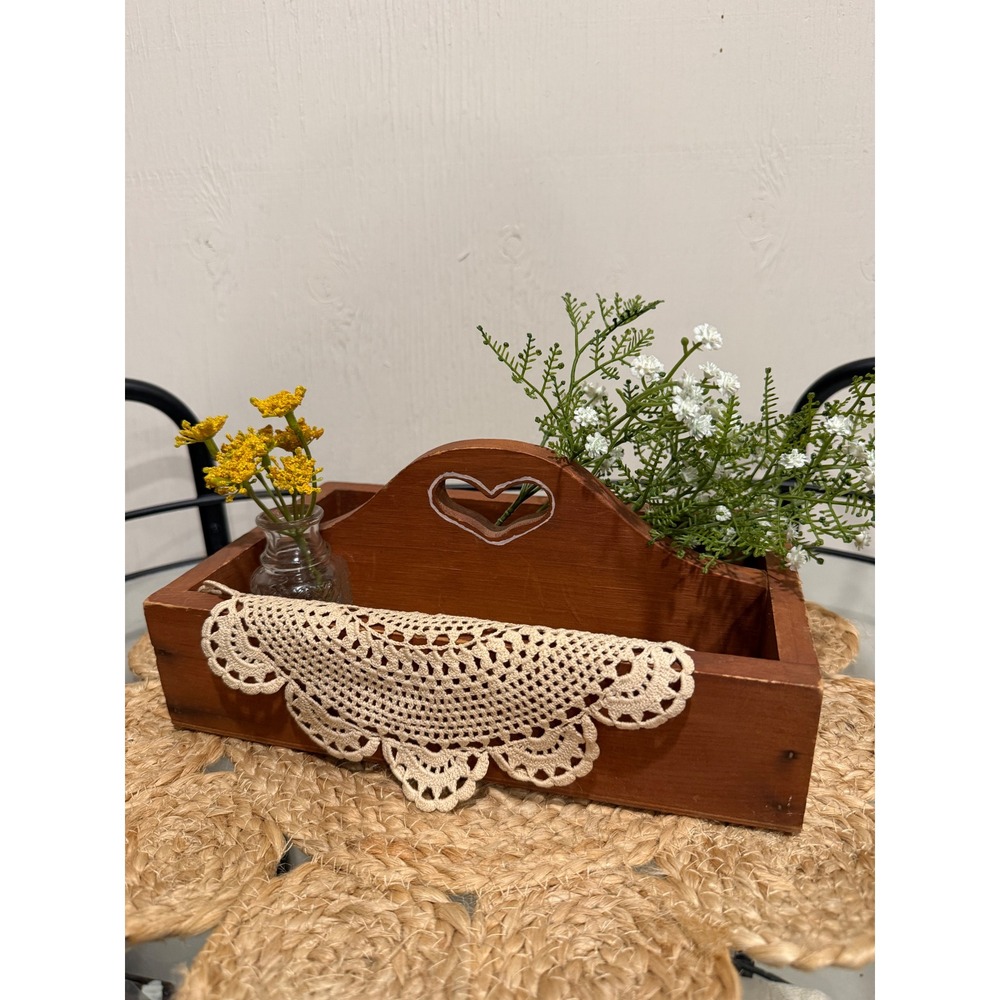 Vintage Rustic Wood Caddy Heart Cutout Handle Decorative Storage Box
